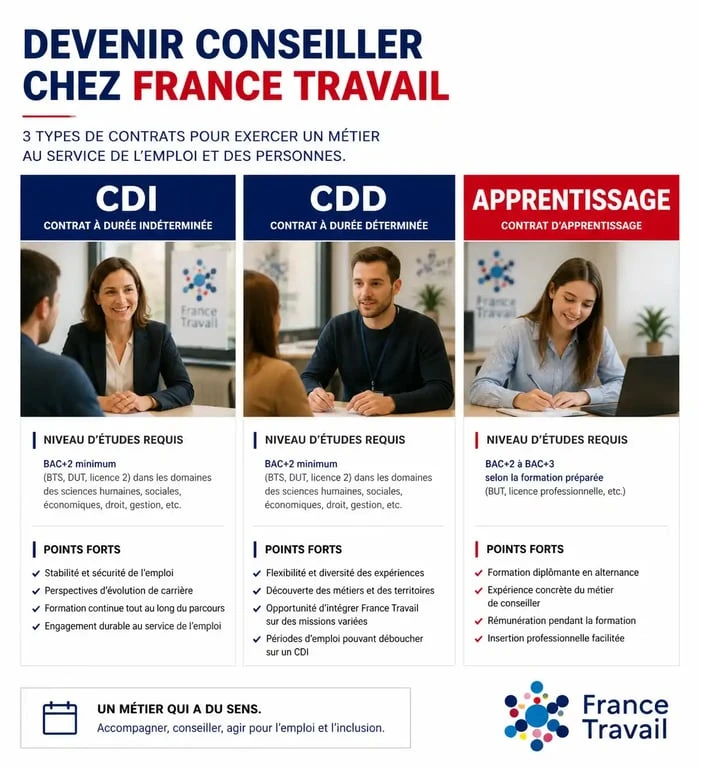 Infographie sur les types de contrats et conditions de recrutement pour devenir conseiller France Travail