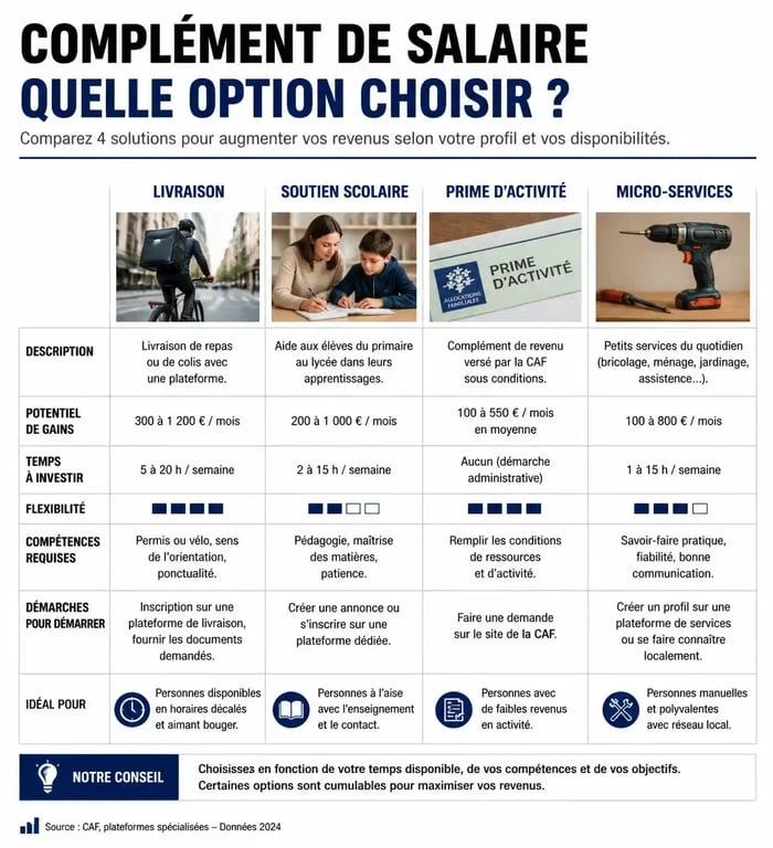 Tableau comparatif des solutions pour un job complément de salaire : revenus et flexibilité