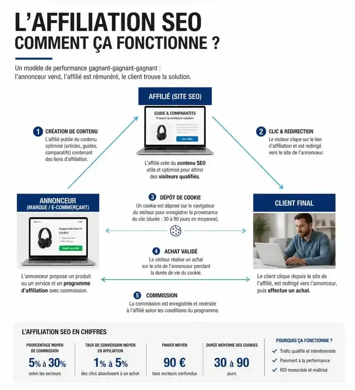 Schéma explicatif du fonctionnement de l'affiliation SEO : flux entre annonceur, affilié et client.