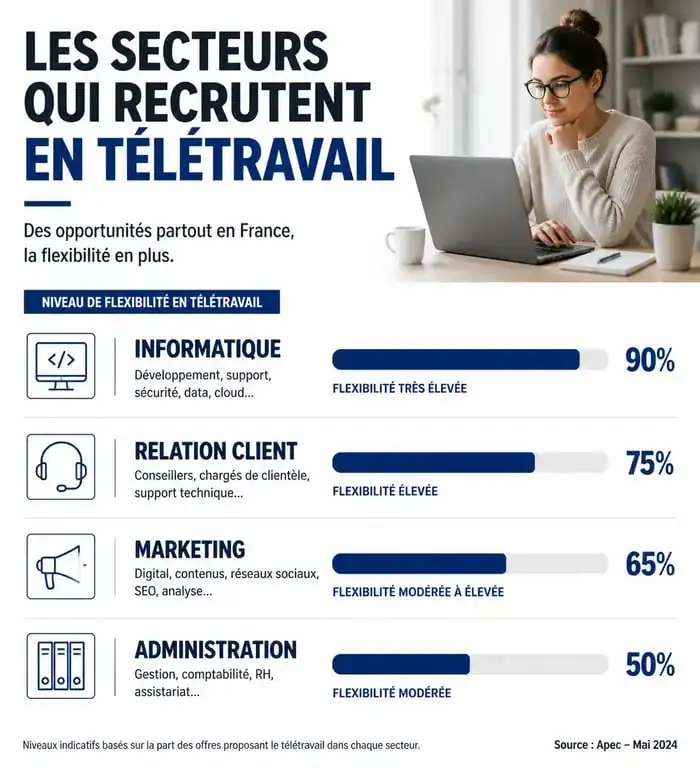 Infographie des secteurs d'activité offrant le plus d'offres d'emploi en télétravail à domicile