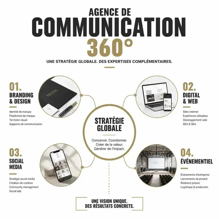 Schéma illustrant les services d'une agence de communication 360 pour une stratégie globale