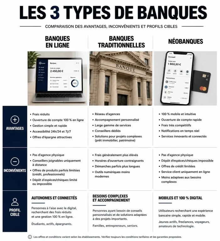 Infographie comparative des types de banques pour placer son argent : banques en ligne, traditionnelles et néobanques