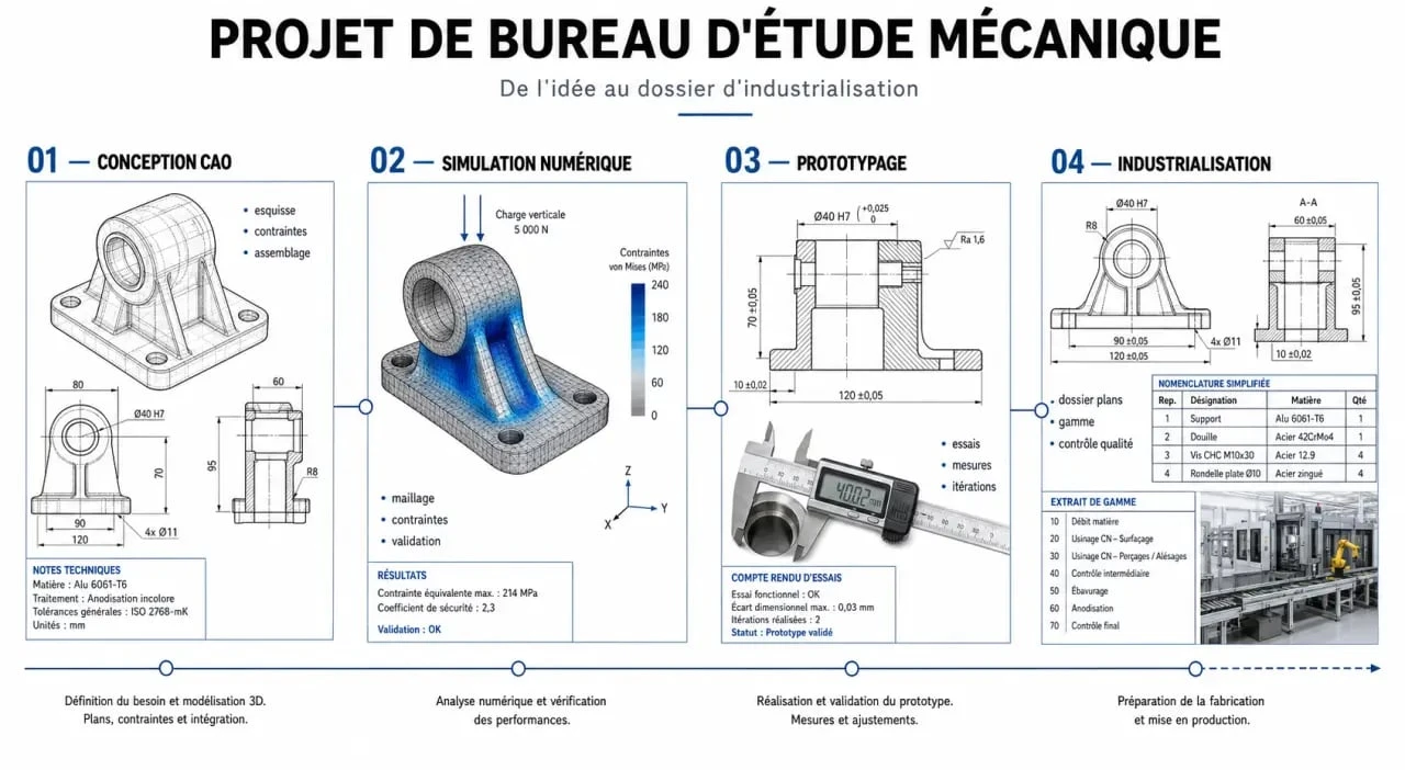 Processus de travail d'un bureau d'étude mécanique : de la conception CAO à l'industrialisation