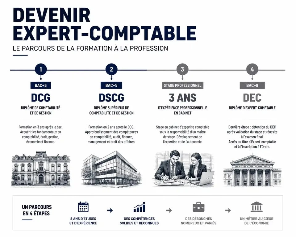 Schéma du parcours d'études pour devenir expert-comptable : DCG, DSCG et DEC
