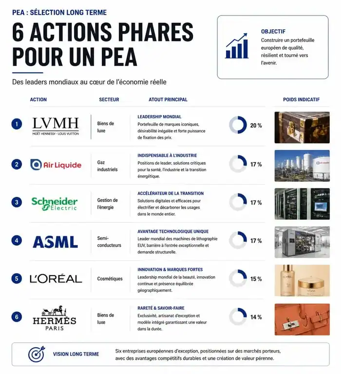 Infographie des meilleures actions pour un PEA : LVMH, Air Liquide, Schneider Electric, ASML, L'Oréal, Hermès