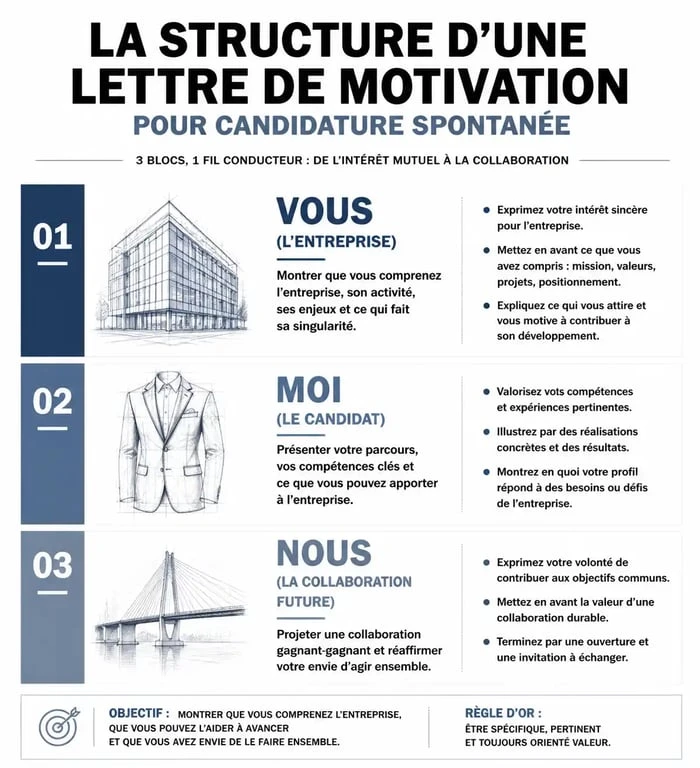 Infographie illustrant la structure idéale d'une lettre de motivation pour candidature spontanée : Vous, Moi, Nous.