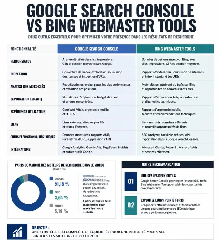Comparatif des fonctionnalités entre Google Search Console et Bing Webmaster Tools pour le référencement naturel