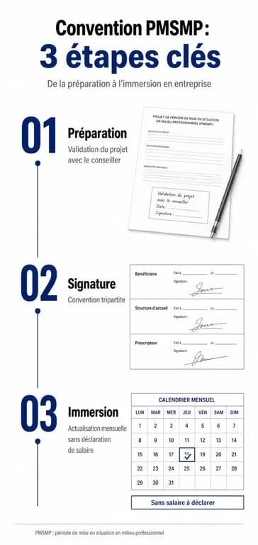 Infographie des étapes administratives pour une convention de stage d'immersion PMSMP France Travail