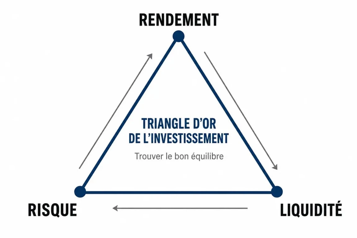 Infographie sur le triangle d'or de l'investissement pour les nuls : équilibre entre rendement, risque et liquidité.