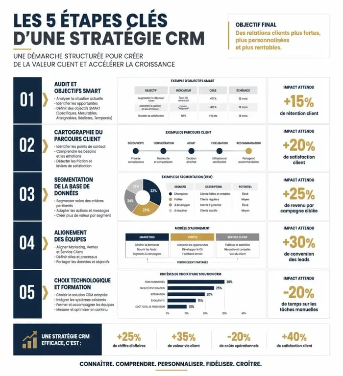 Infographie des 5 étapes pour réussir sa stratégie CRM et optimiser la relation client