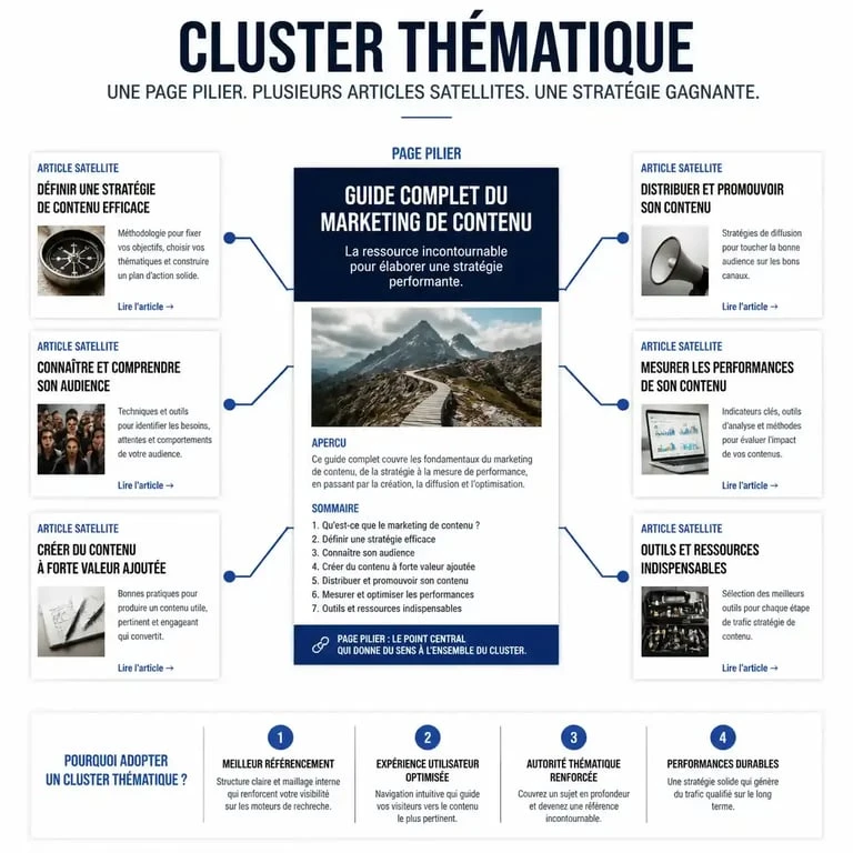 Schéma illustrant la structure d'une stratégie de contenu SEO avec un modèle de topic cluster pour améliorer le référencement naturel.