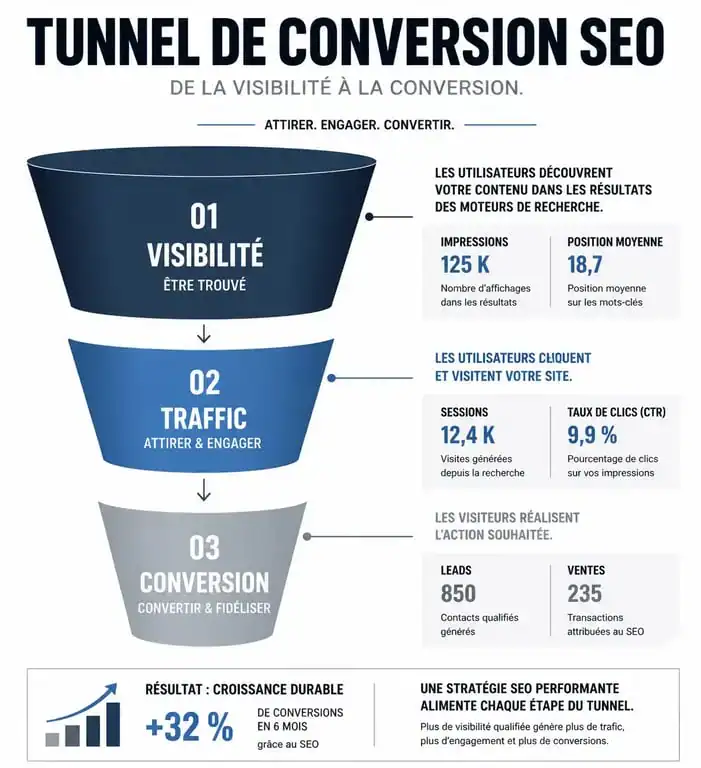 Infographie illustrant les KPI SEO essentiels pour mesurer la performance d'une stratégie de référencement naturel.
