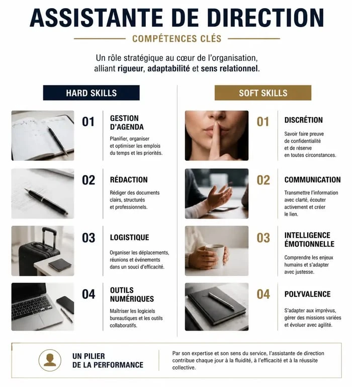 Infographie des compétences assistante de direction : hard skills et soft skills indispensables.