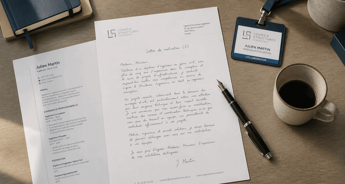 Lettre de motivation CDI sur bureau contemporain