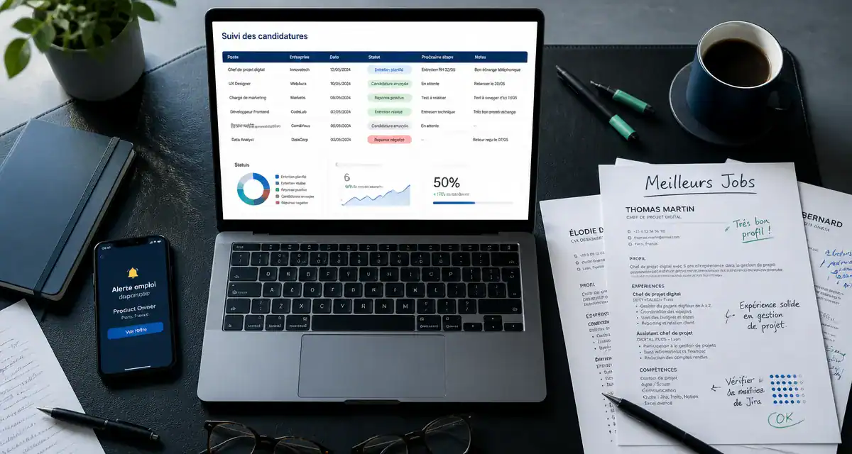 Meilleurs job, bureau moderne avec CV et ordinateur