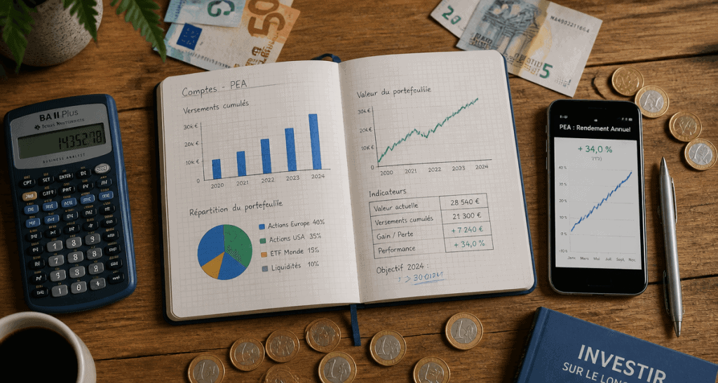 plan epargne action rendement sur table avec graphiques et euros