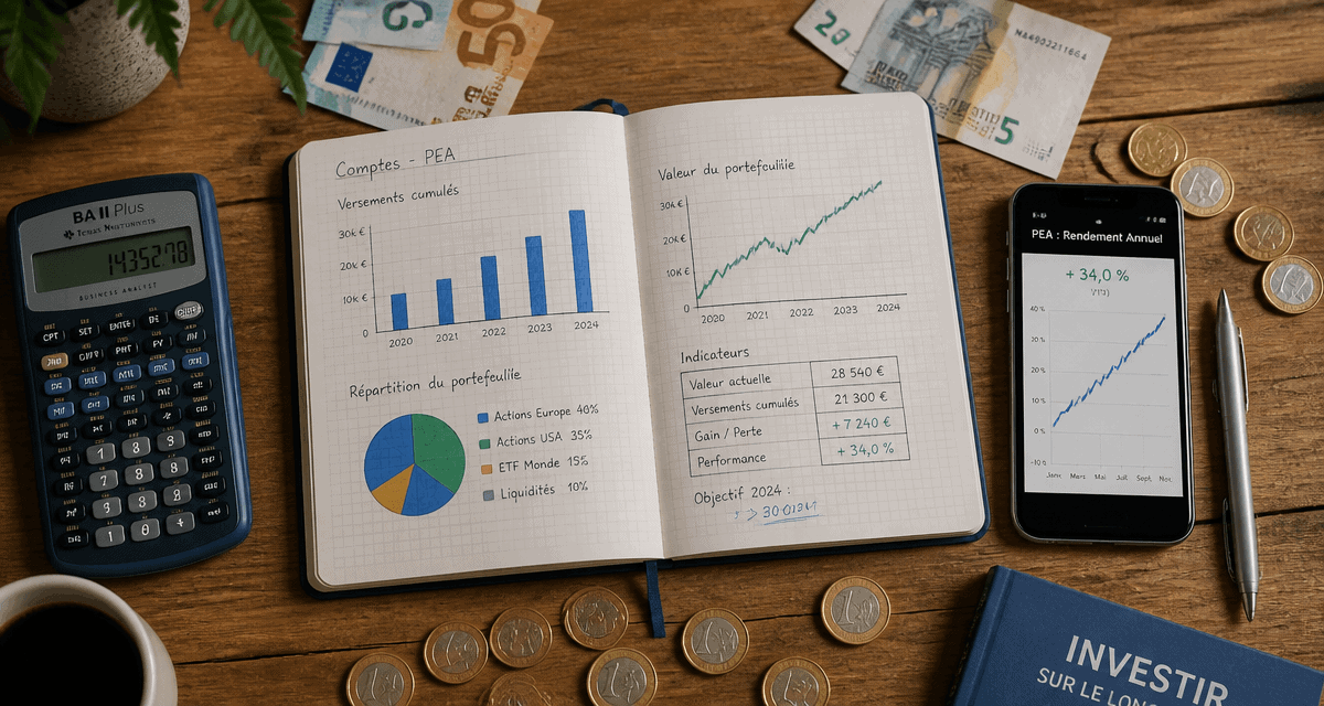 plan epargne action rendement sur table avec graphiques et euros