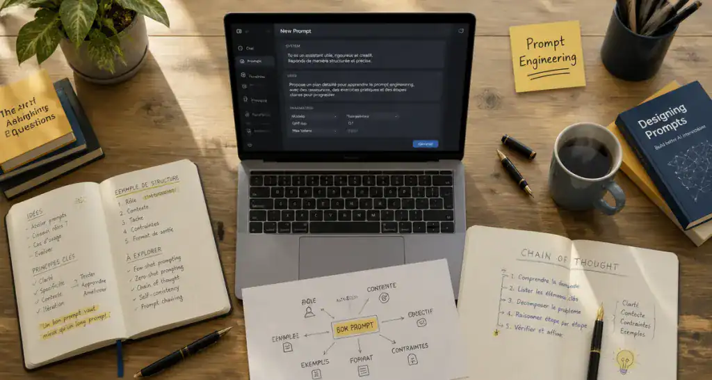 Prompt engineer formation, bureau moderne avec carnet, laptop et café