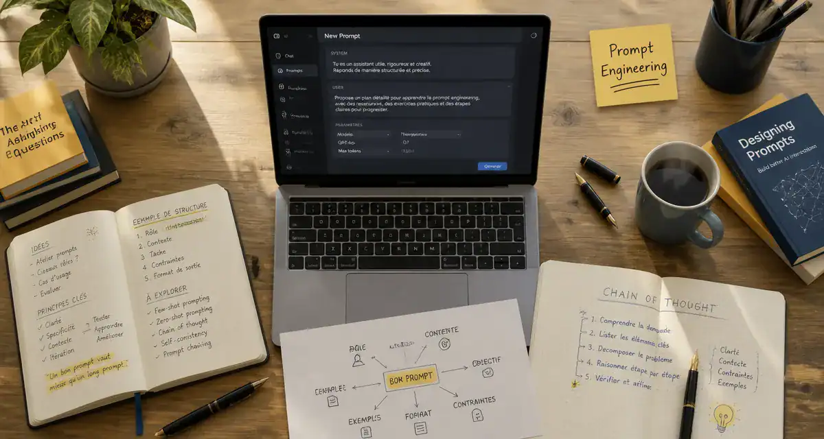 Prompt engineer formation, bureau moderne avec carnet, laptop et café