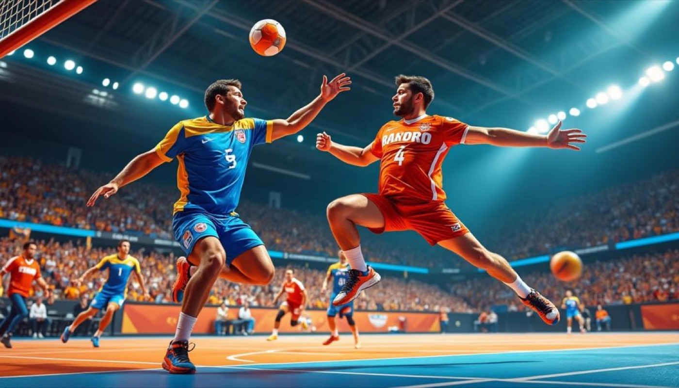 Deux joueurs de handball en action lors d'un match, gardien sorti dans le champ