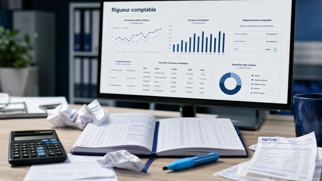 Compétences comptable : calculatrice, carnet et tableau de bord comptable