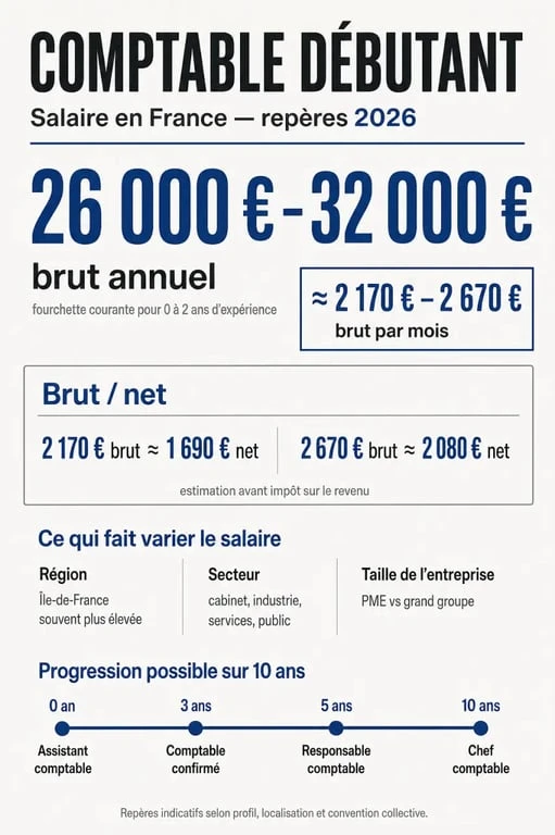 Infographie sur le comptable salaire débutant avec fourchettes de rémunération, brut/net et évolution de carrière