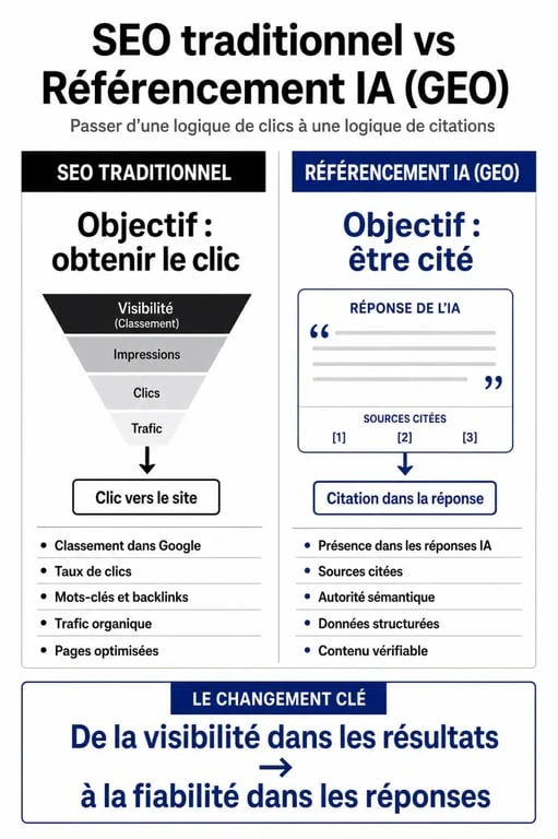 Comparaison entre SEO traditionnel et référencement IA (GEO) pour la visibilité des contenus.