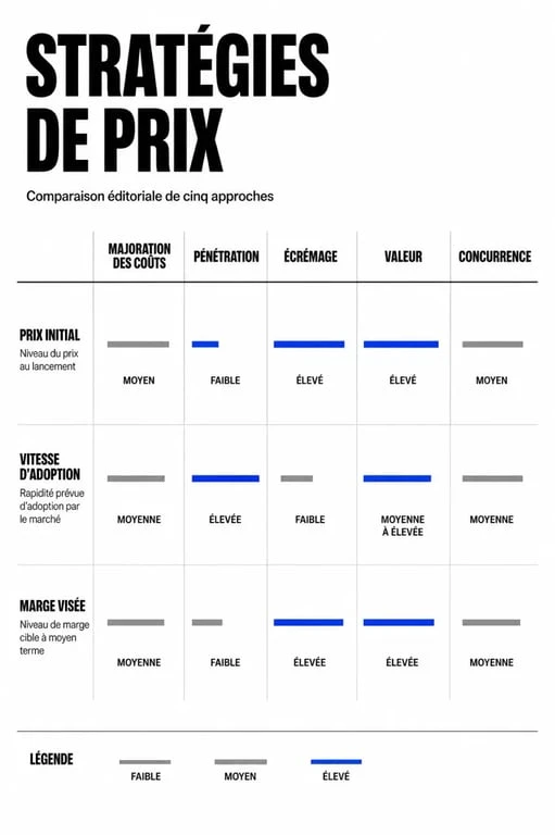 Infographie comparative des stratégies de prix : majoration des coûts, pénétration, écrémage, valeur et concurrence pour optimiser sa stratégie de prix.
