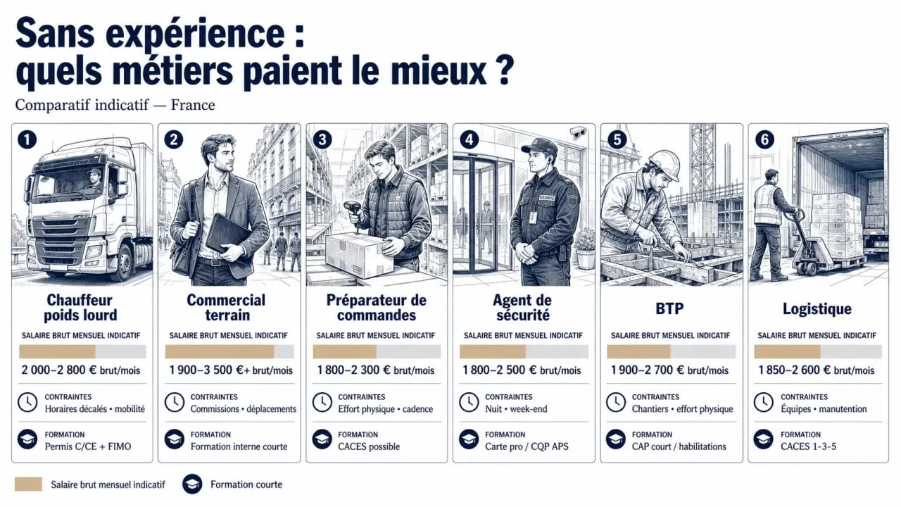 Emploi sans expérience bien payé : comparatif des métiers accessibles sans expérience avec salaires et contraintes