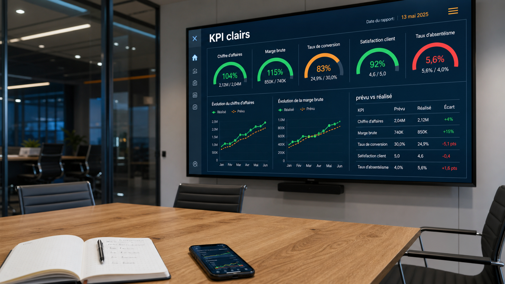 Management tableau de bord avec KPI prévu vs réalisé, 1 à 3 indicateurs par objectif