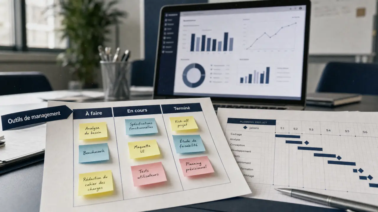Outils de management Kanban OKR Gantt en salle de réunion