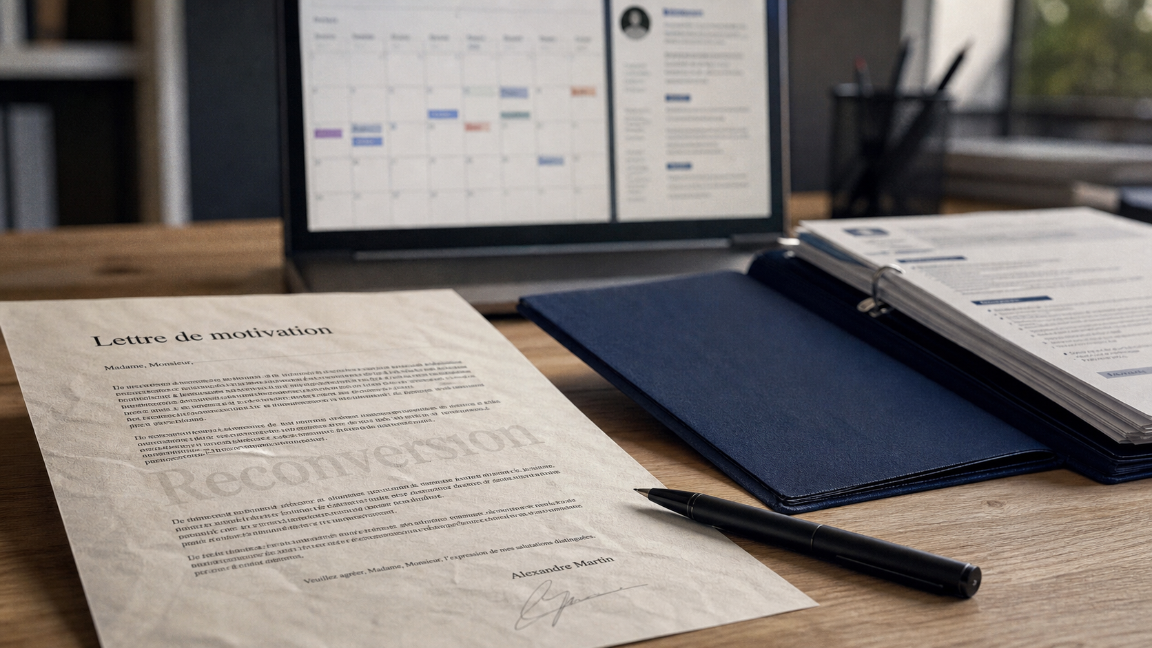 Reconversion lettre de motivation : lettre rassurante sur bureau