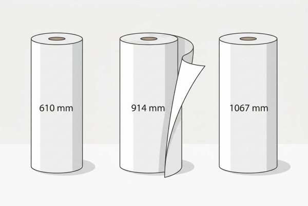 Illustration de rouleaux de papier traceur grand format avec dimensions 610 mm, 914 mm et 1067 mm, le second montrant une déchirure. Voir comment choisir papier traceur grand format professionnel.
