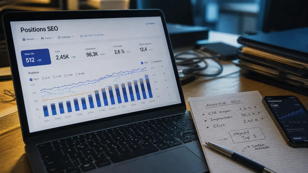 Analyse positionnement referencement : hausse ou baisse des positions SEO, tableau et graphiques