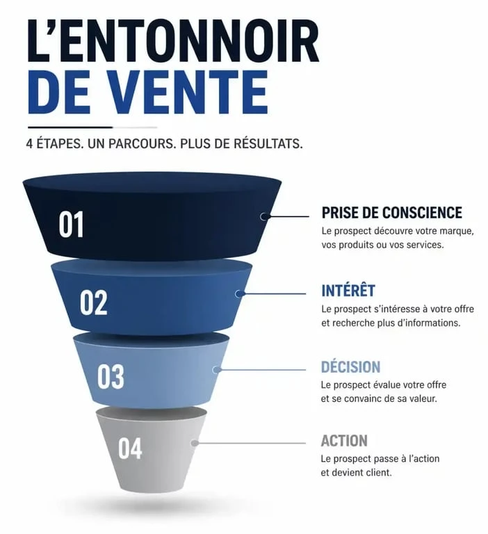 Schéma illustrant les étapes d'un tunnel de vente pour la conversion client