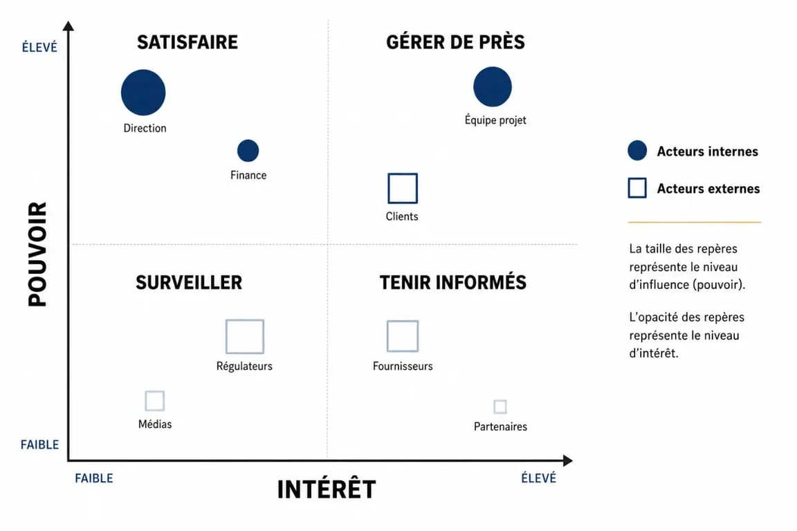 Parties prenantes projet : matrice pouvoir/intérêt et acteurs internes et externes