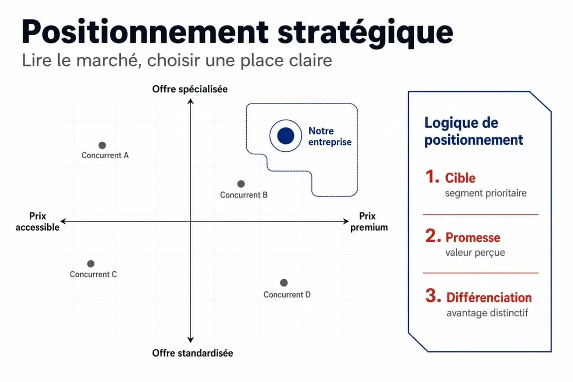Positionnement d une entreprise illustré par une carte concurrentielle et une mise en évidence de la place de la marque