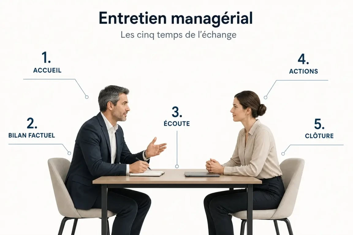 Entretien managérial : illustration d'un échange structuré entre un manager et un collaborateur en cinq étapes