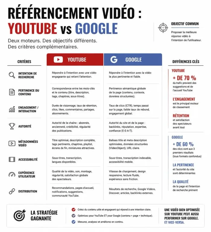 Infographie comparative des stratégies de référencement vidéo sur YouTube et Google pour améliorer votre visibilité.