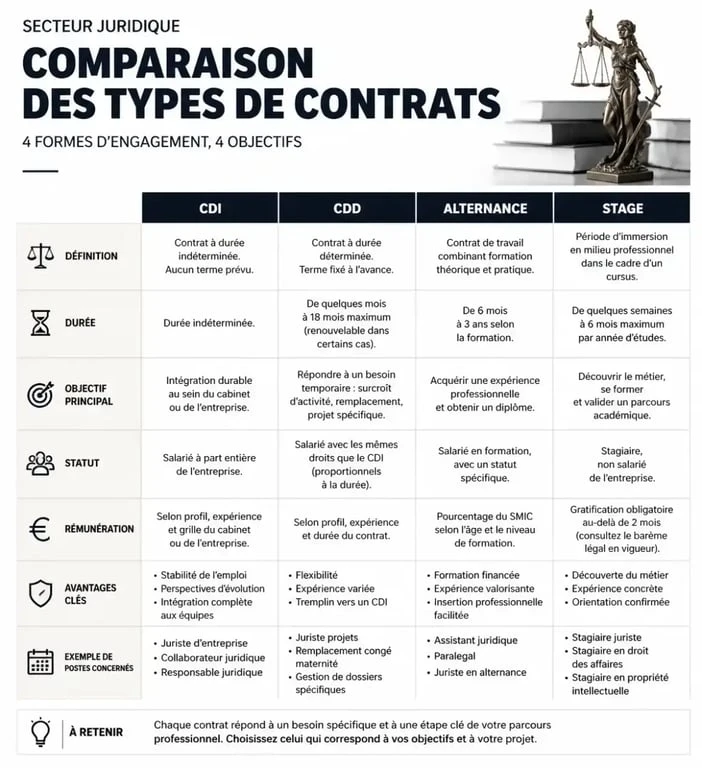 Infographie comparative des contrats pour une offre d emploi juridique