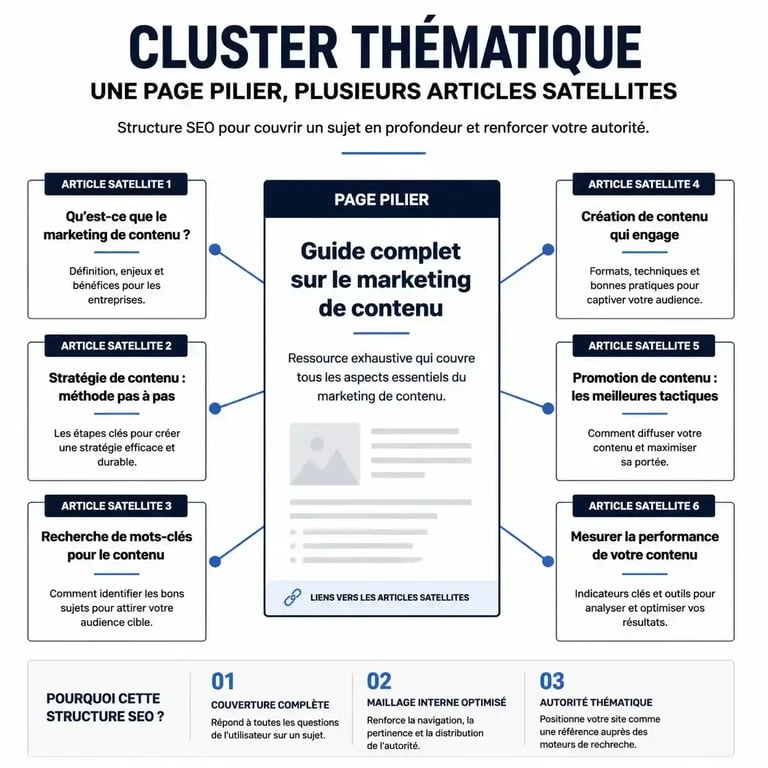 Schéma d'une structure de blog en cluster thématique pour améliorer le SEO