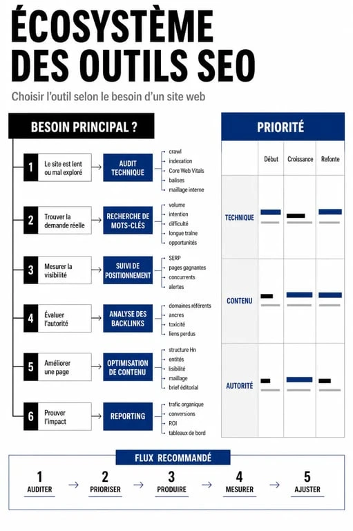Infographie des outils référencement naturel classés par usage SEO