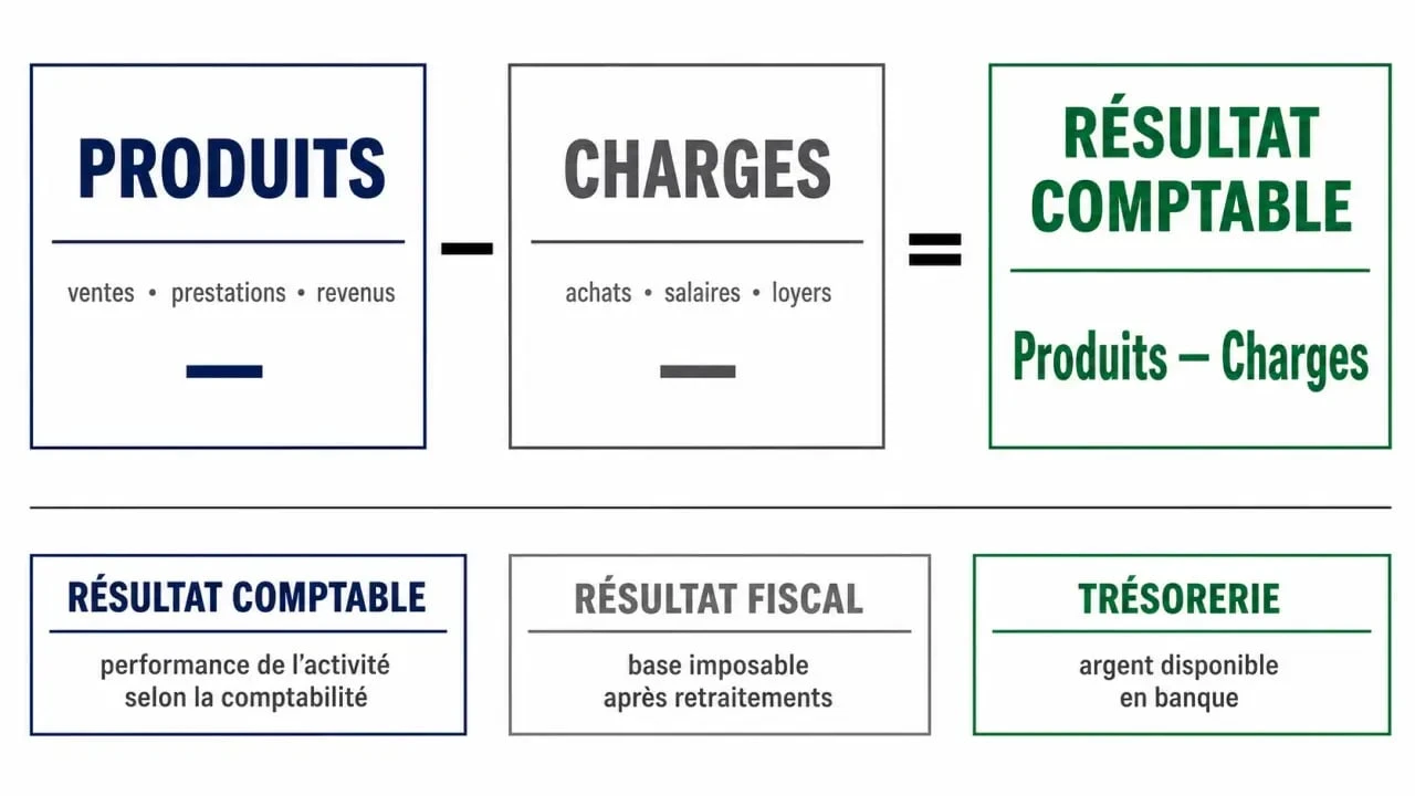 Calculer le résultat comptable avec la formule produits moins charges et la comparaison avec le résultat fiscal et la trésorerie