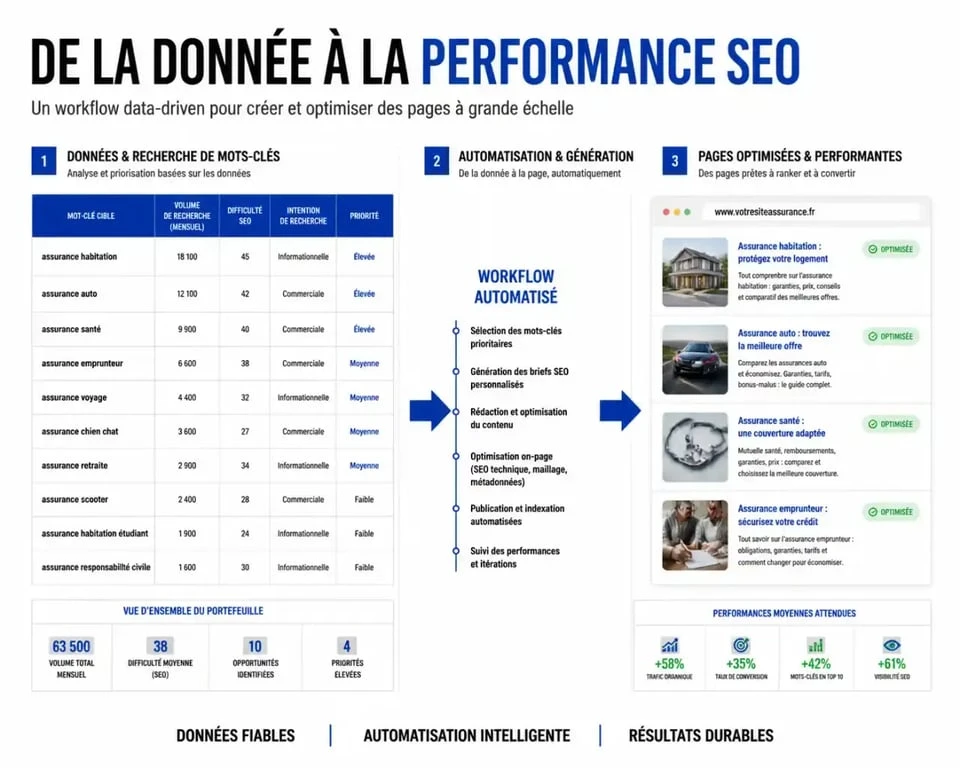 Schéma illustrant le fonctionnement d'une formation SEO programmatique et l'automatisation de contenu