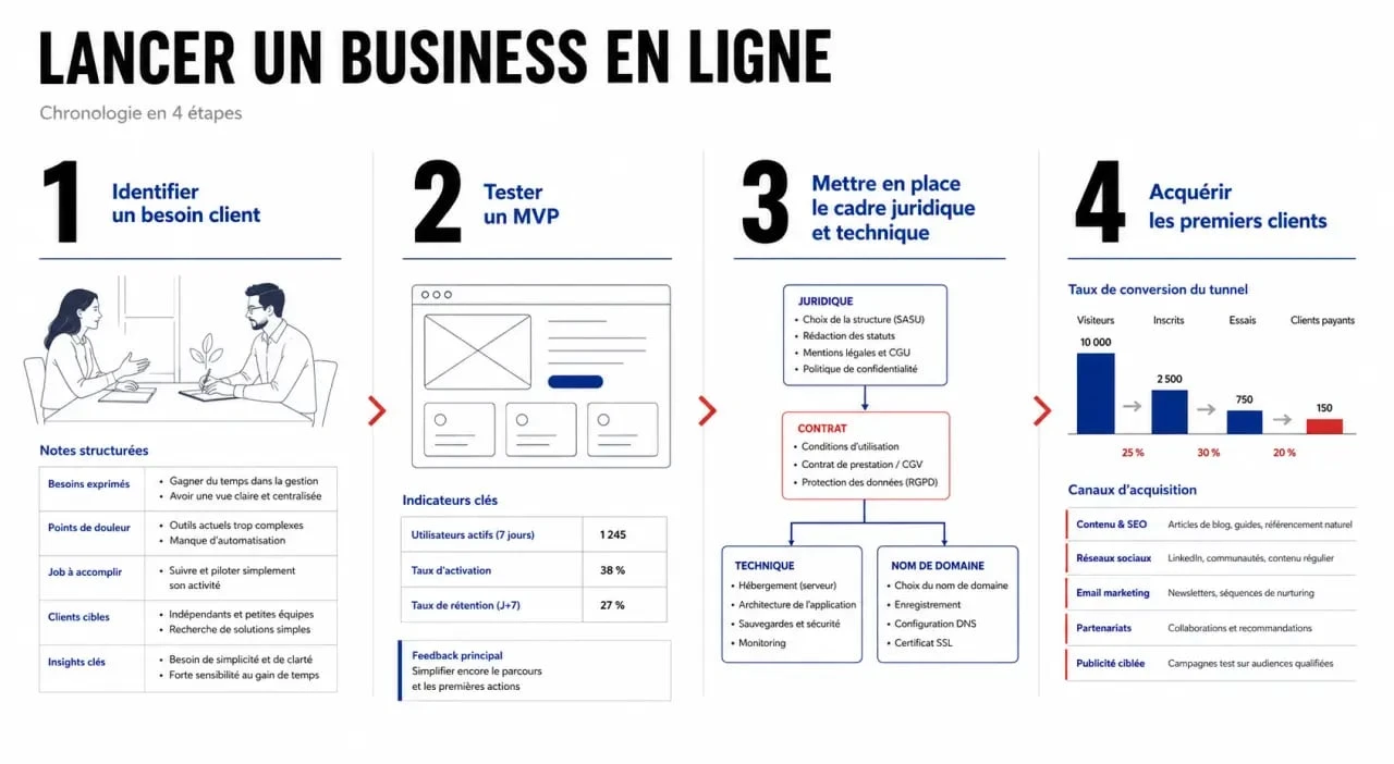 Lancer un business en ligne : chronologie visuelle des 4 étapes pour démarrer