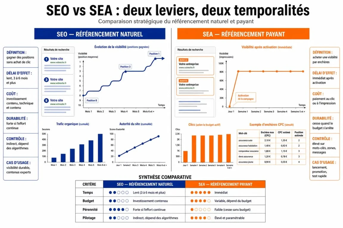 SEO SEA définition : schéma comparatif entre référencement naturel et référencement payant