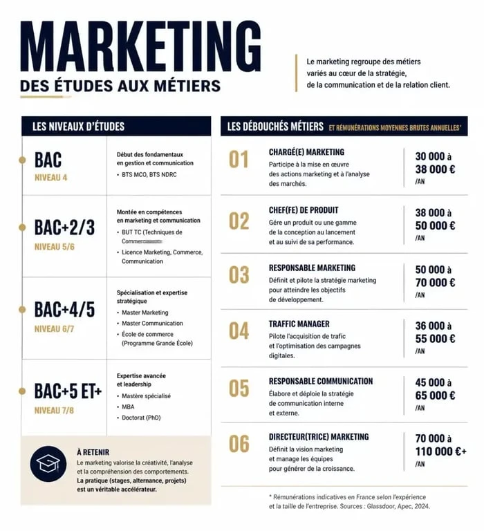 Infographie sur les parcours et débouchés dans le travail marketing