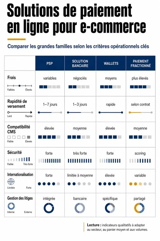 Solution de paiement en ligne e commerce : infographie comparative des options PSP, banque, wallets et paiement fractionné