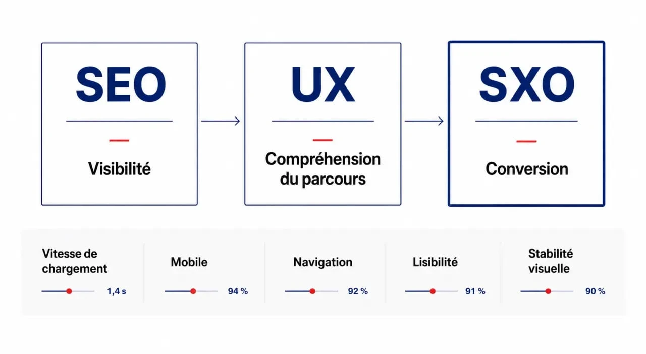 SEO UX : schéma éditorial du lien entre visibilité, expérience utilisateur et conversion