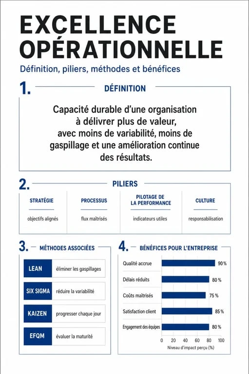Définition excellence opérationnelle : schéma de synthèse des piliers, méthodes et bénéfices